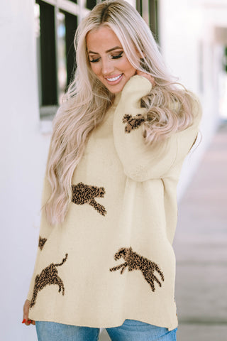 Wild Runway Mock-Neck Sweater – Cream Leopard Knit