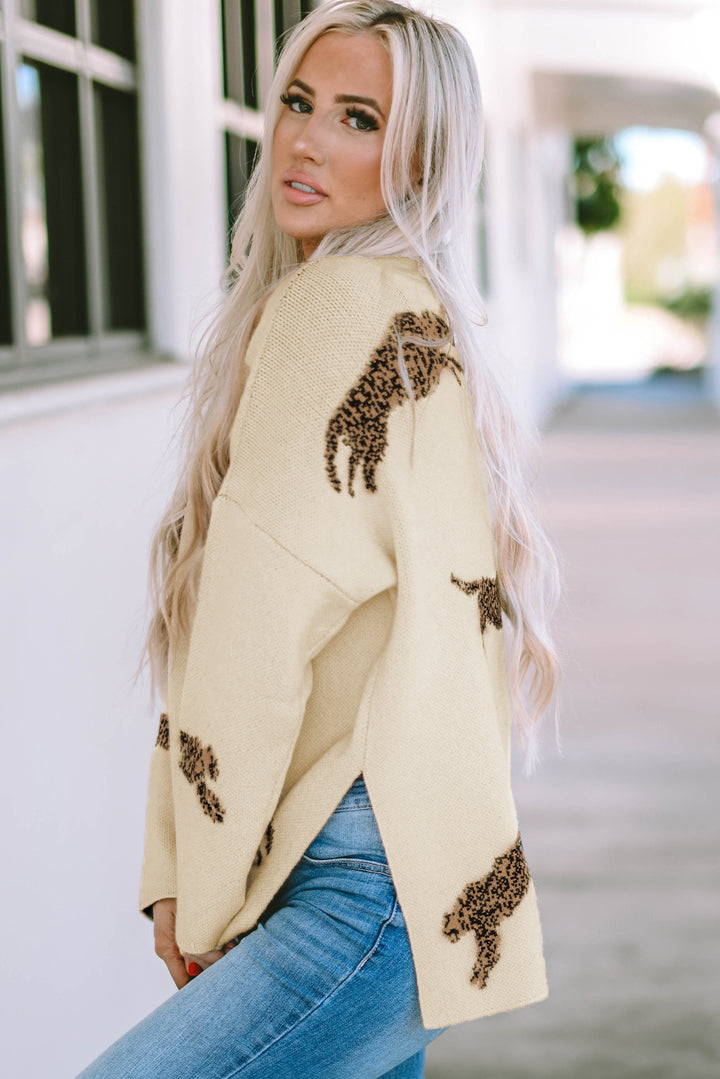 Wild Runway Mock-Neck Sweater – Cream Leopard Knit