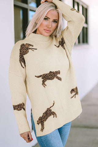 Wild Runway Mock-Neck Sweater – Cream Leopard Knit