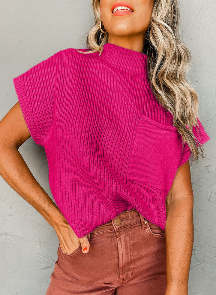 Fuchsia Flare Ribbed Knit Top – Chic Mock Neck Sweater Tee