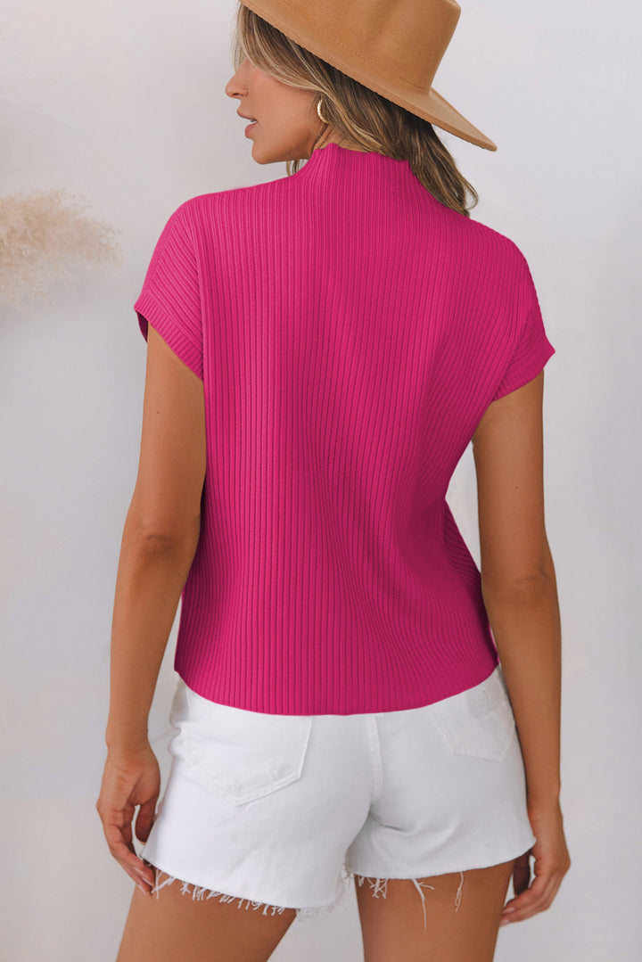 Fuchsia Flare Ribbed Knit Top – Chic Mock Neck Sweater Tee
