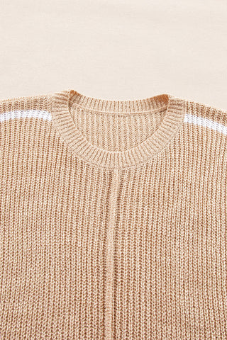 Back view of toasted almond contrast stripe crew neck sweater