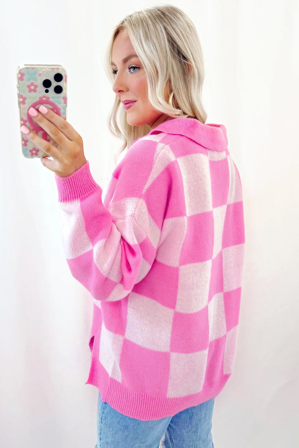 Checkmate Chic Pink Checkered Collared Sweater
