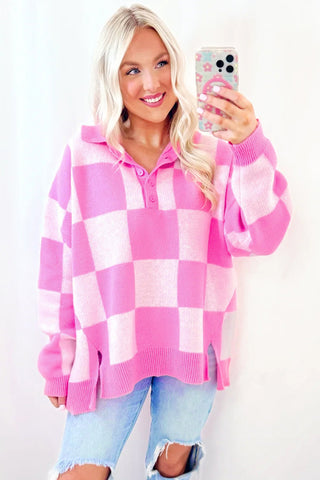Checkmate Chic Pink Checkered Collared Sweater
