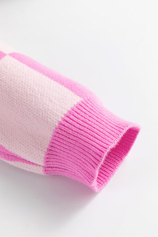Checkmate Chic Pink Checkered Collared Sweater
