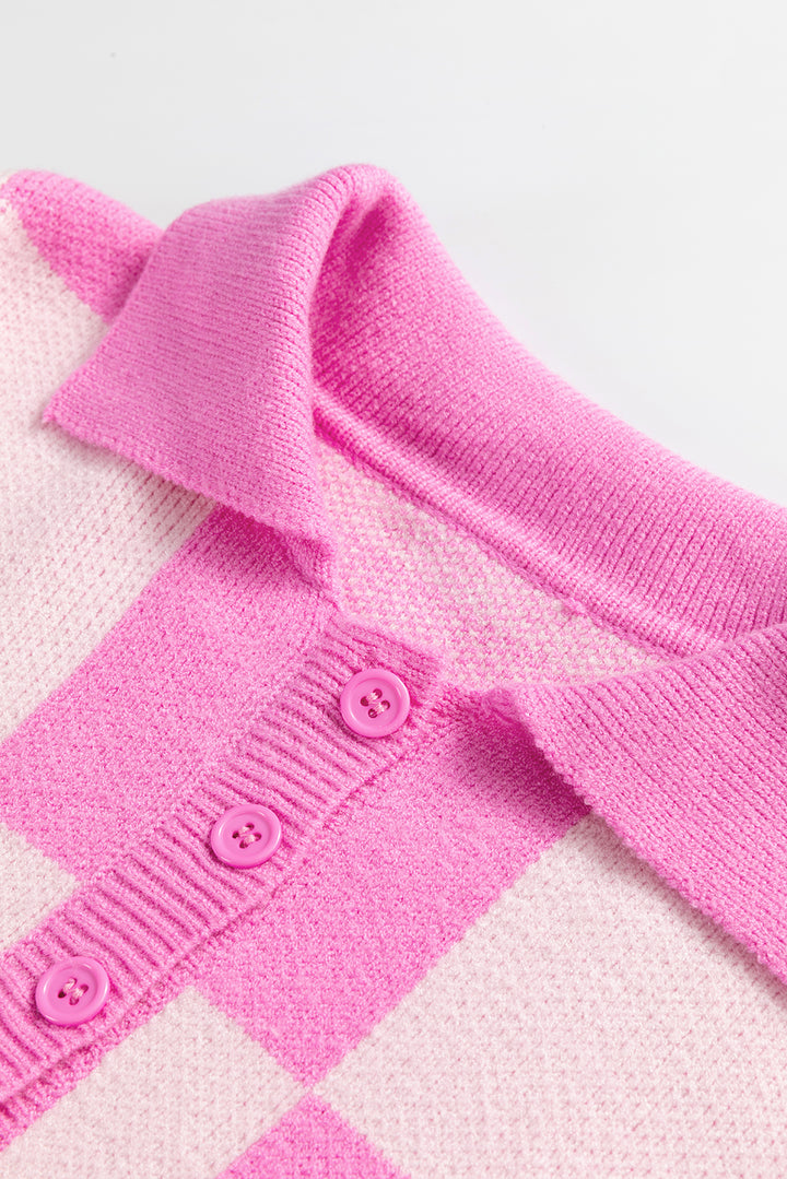Checkmate Chic Pink Checkered Collared Sweater