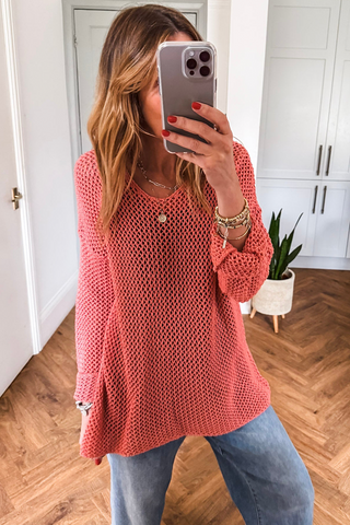 Sunset Stroll Mesh Sweater – Papaya Coral
