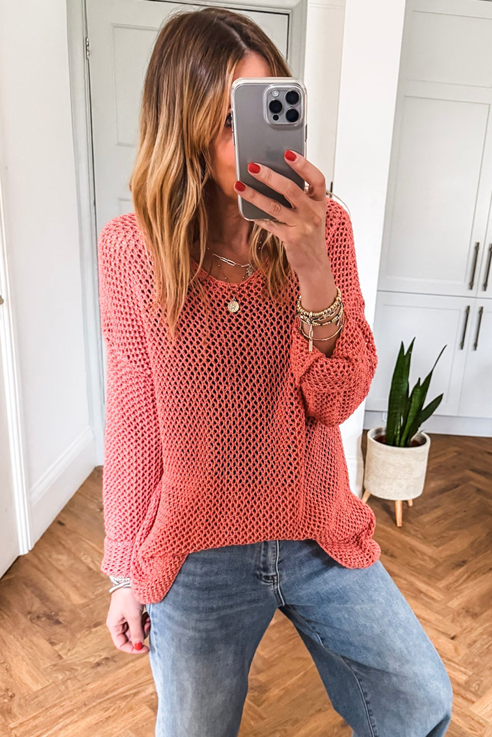 Sunset Stroll Mesh Sweater – Papaya Coral