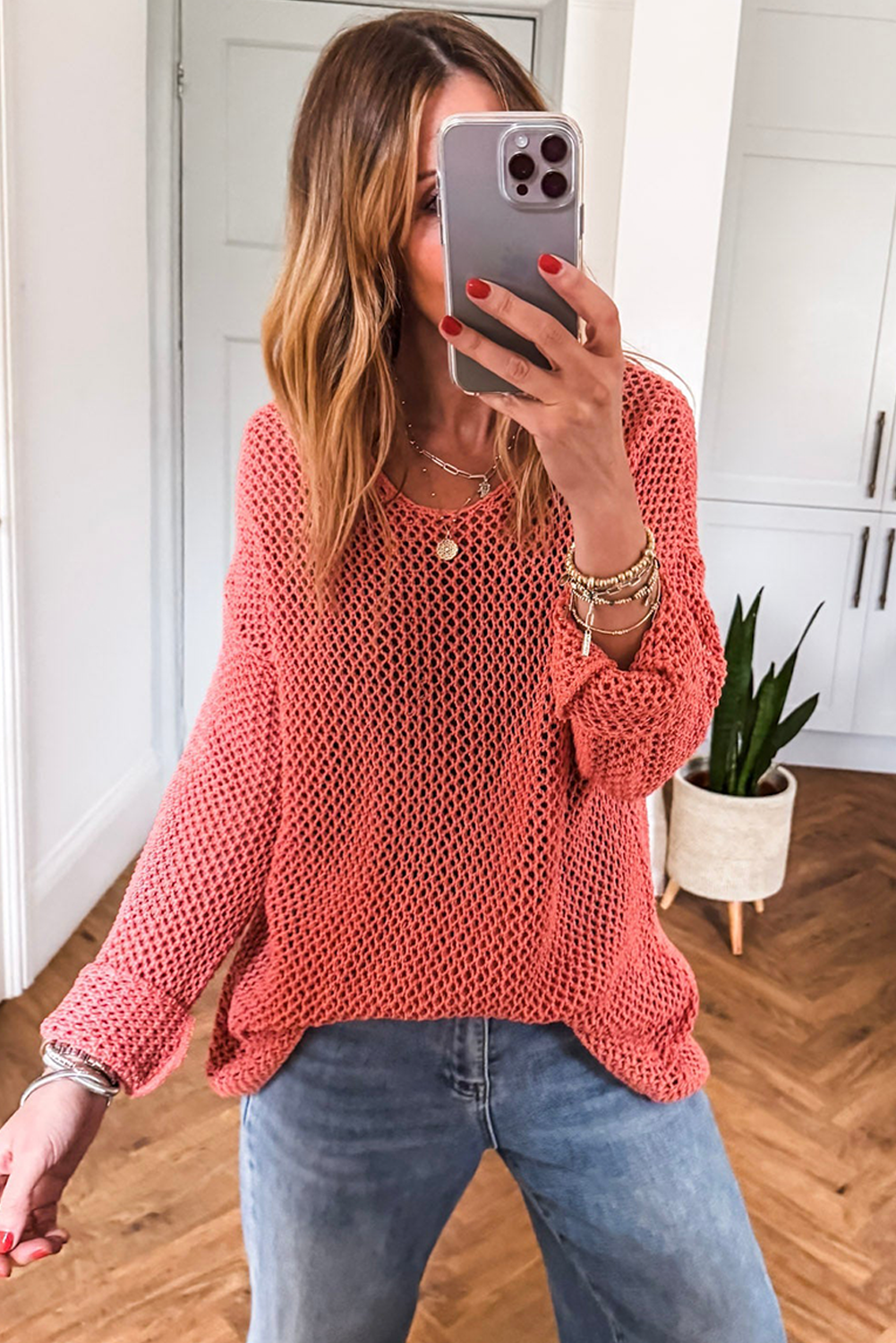 Sunset Stroll Mesh Sweater – Papaya Coral