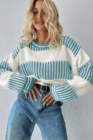 Bold Stripes Knit Sweater — Seafoam & Cream
