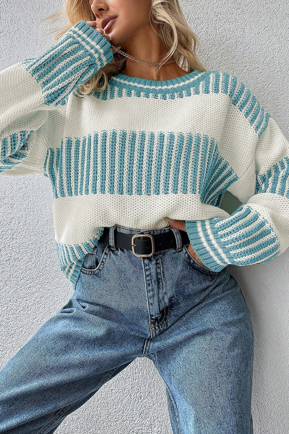 Bold Stripes Knit Sweater — Seafoam & Cream