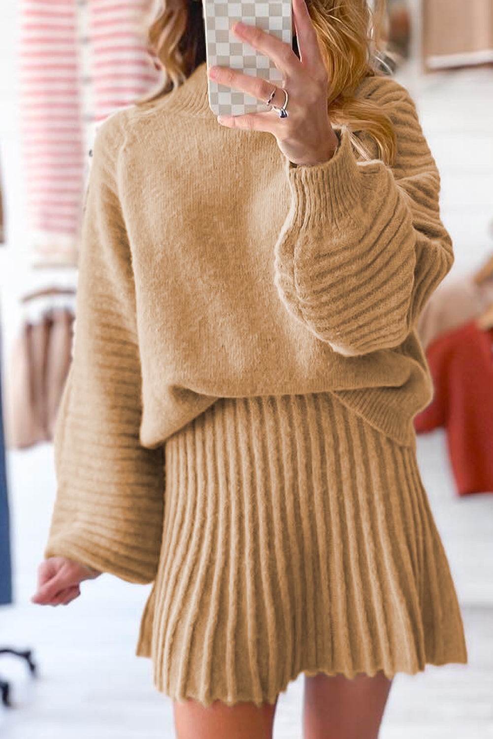 Luke & Estelle “Cozy Chic Knit” 2-Piece Sweater & Skirt Set – Camel