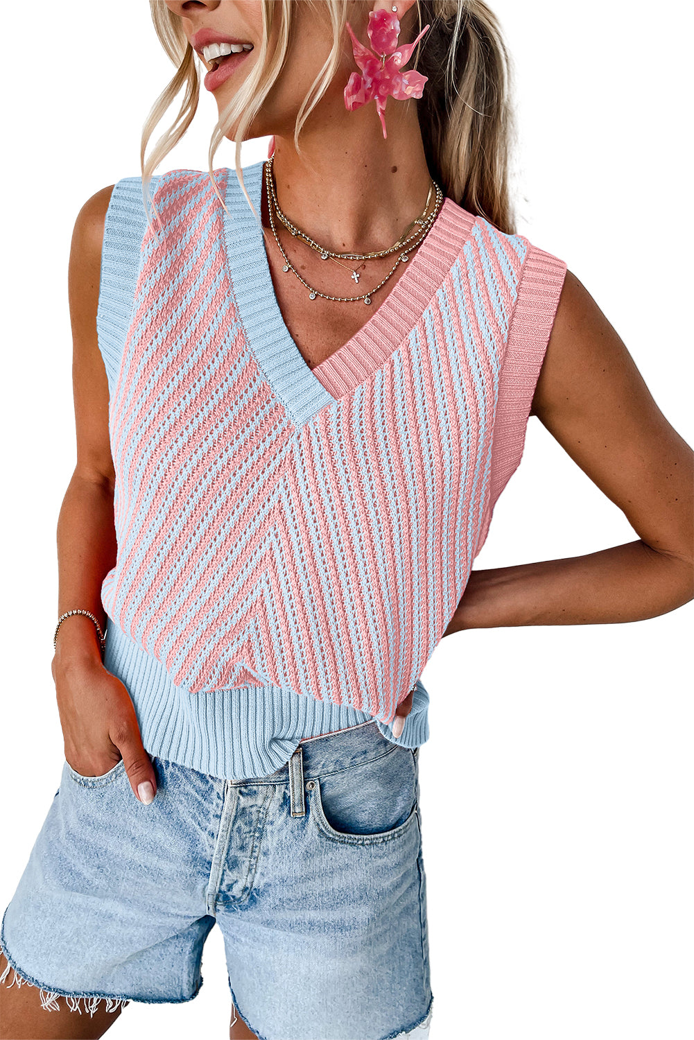 Cotton-Candy Chevron Knit Vest (Pink &amp; Sky Blue)