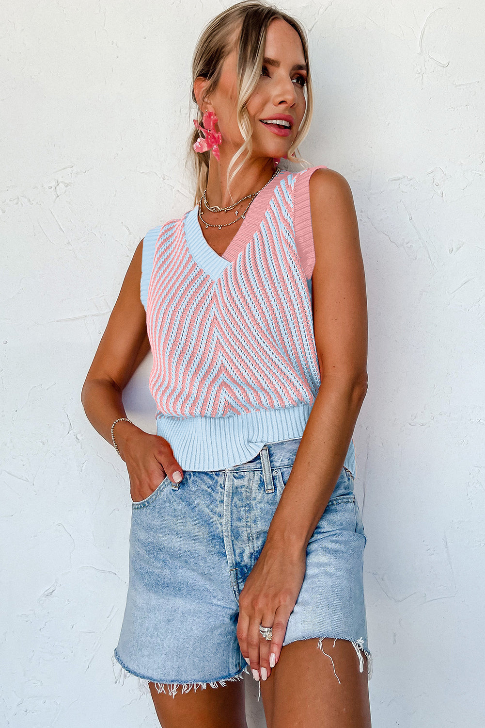 Cotton-Candy Chevron Knit Vest (Pink &amp; Sky Blue)