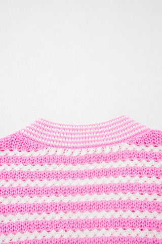 Luke & Estelle Pink Stripe Bow Detail Sweater – Short Sleeve V Neck Knit