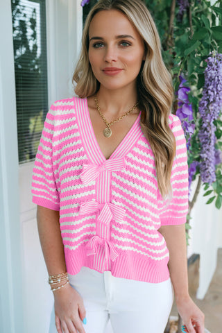 Luke & Estelle Pink Stripe Bow Detail Sweater – Short Sleeve V Neck Knit