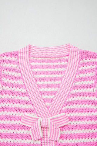 Luke & Estelle Pink Stripe Bow Detail Sweater – Short Sleeve V Neck Knit