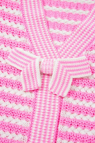Luke & Estelle Pink Stripe Bow Detail Sweater – Short Sleeve V Neck Knit