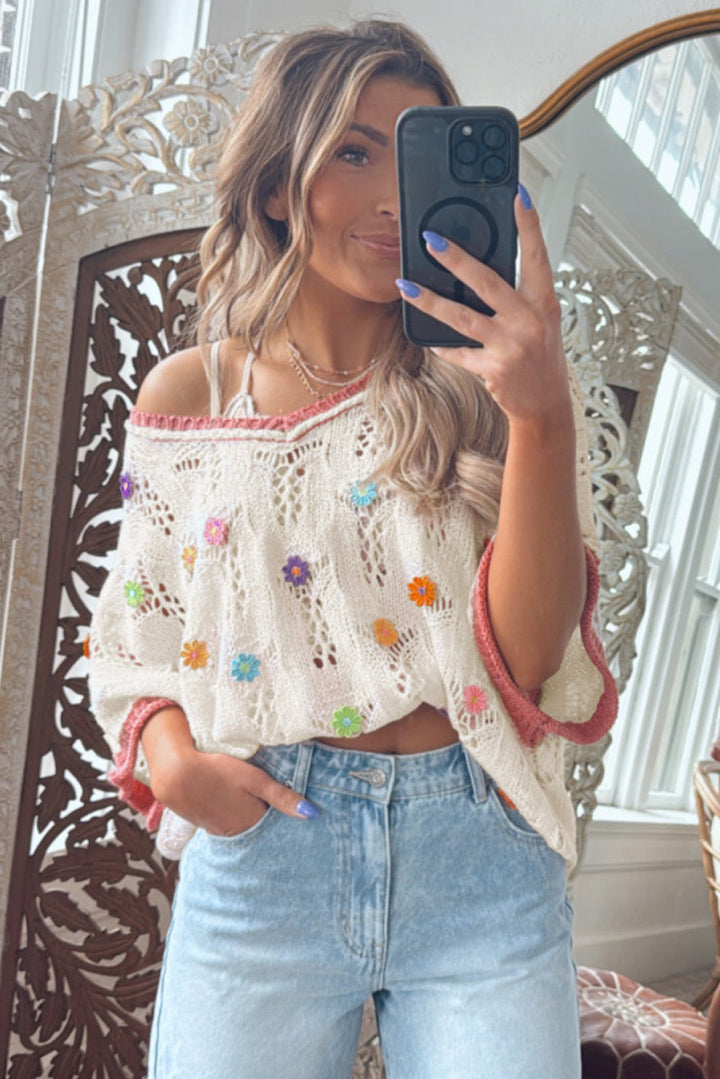 Sunset Bloom Confetti Daisy Crochet Sweater Top