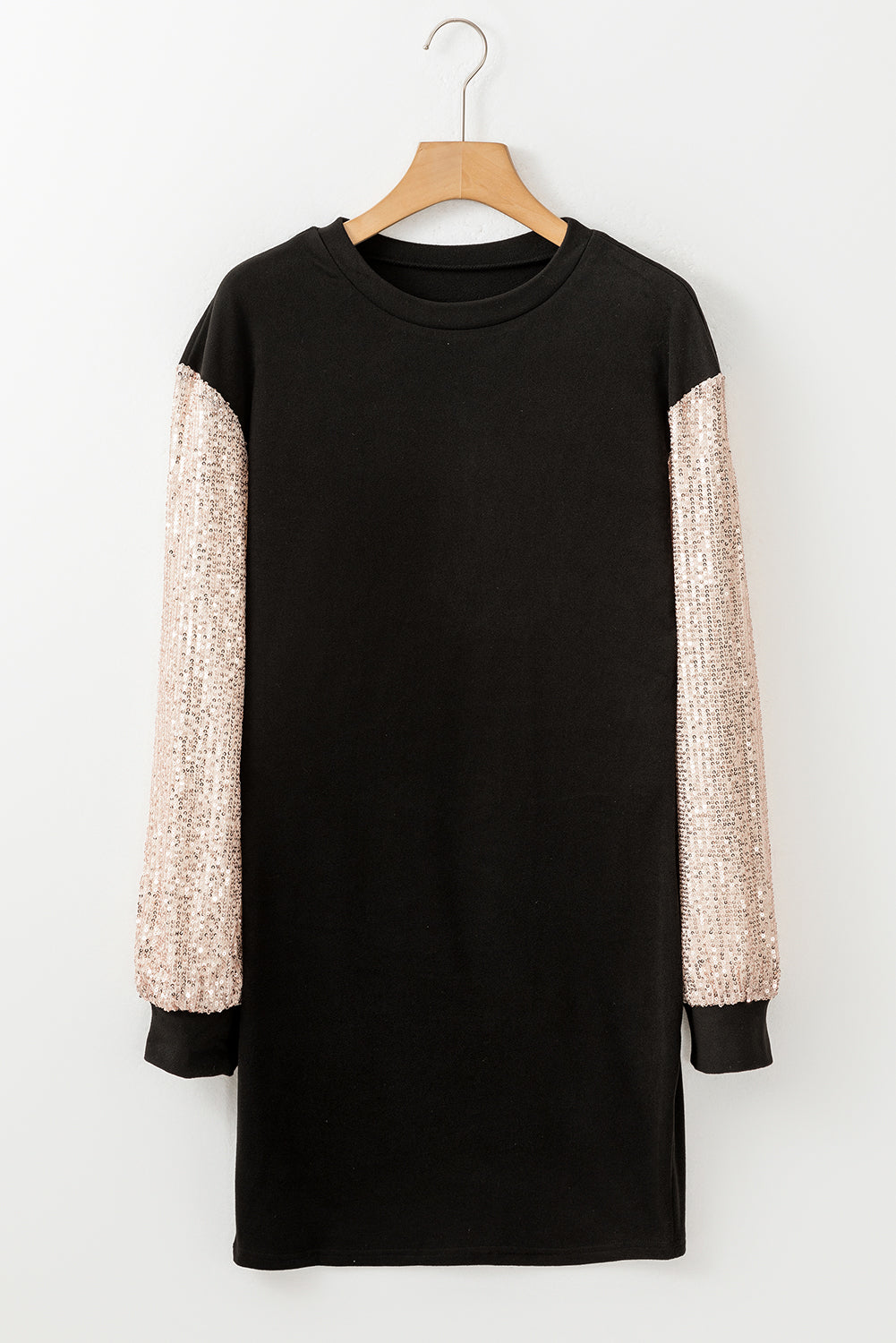 Midnight Sparkle Sequin-Sleeve Sweatshirt Dress (Black)