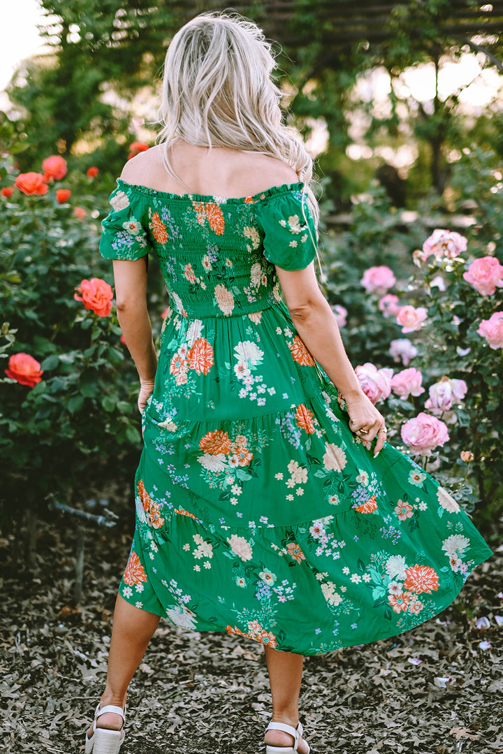 Bloom Boldly Smocked Midi Dress — Emerald Floral