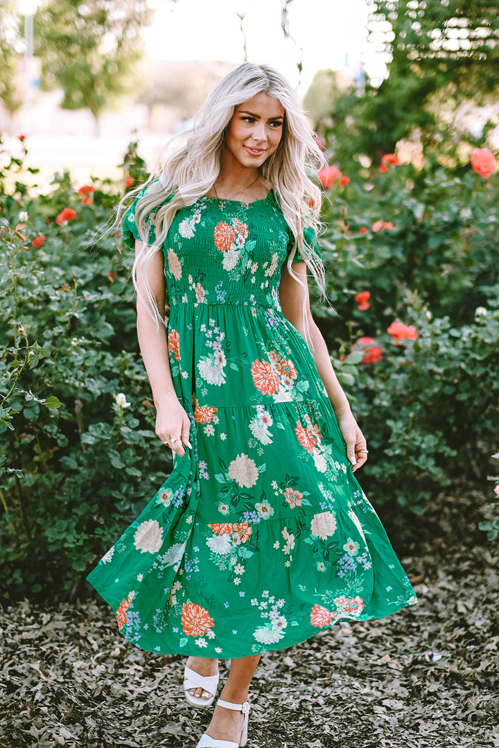 Bloom Boldly Smocked Midi Dress — Emerald Floral
