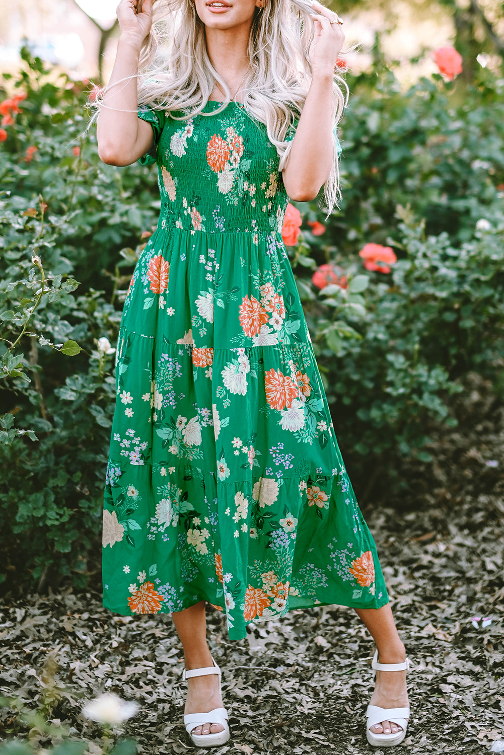 Bloom Boldly Smocked Midi Dress — Emerald Floral