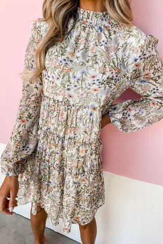 Floral Print Shirred Mock Neck Dress