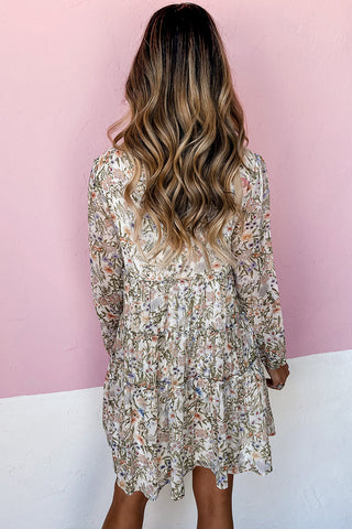 Floral Print Shirred Mock Neck Dress