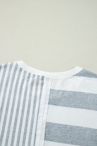 Patch It Up Stripe & Pinstripe T-Shirt Dress – Gray & White Mix