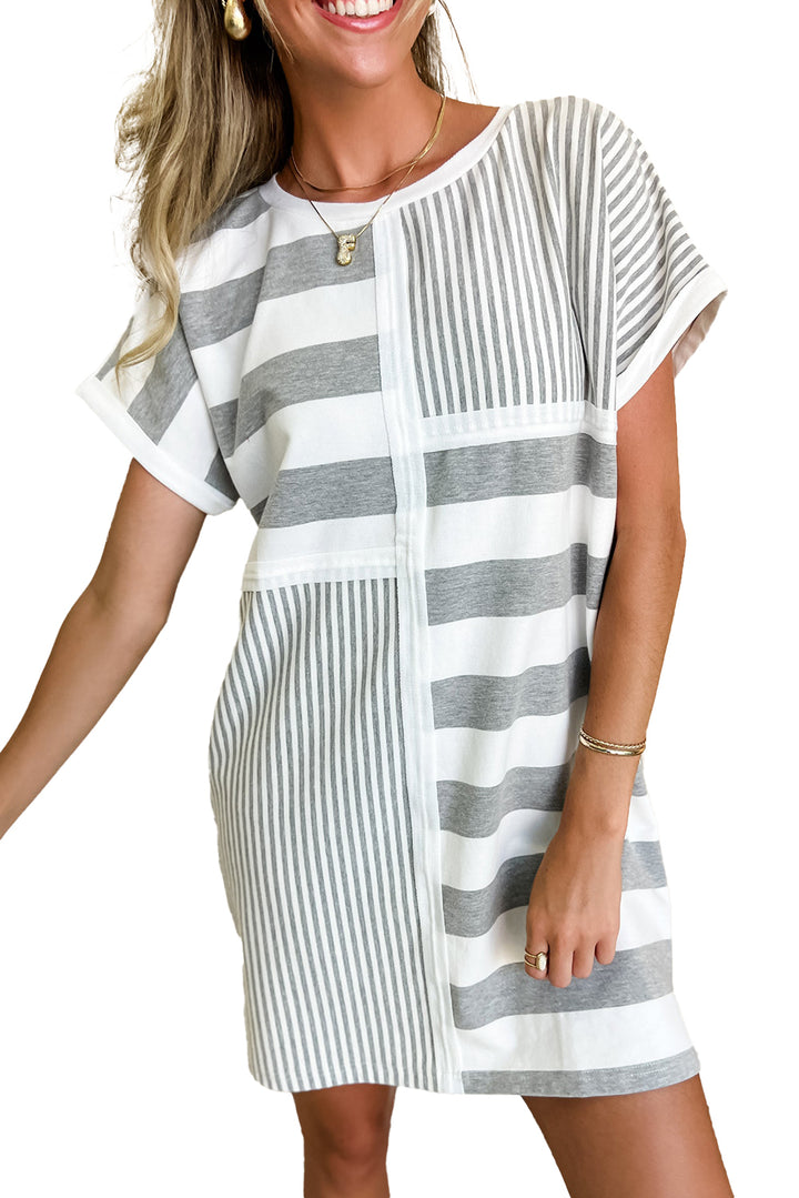 Patch It Up Stripe & Pinstripe T-Shirt Dress – Gray & White Mix