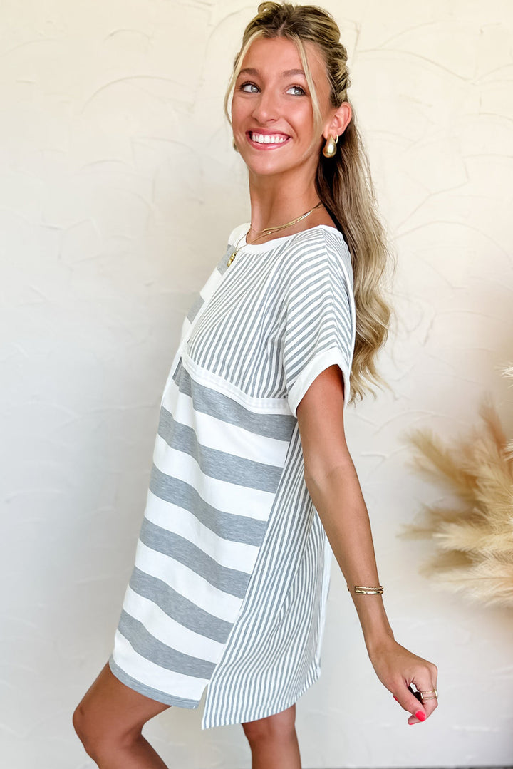 Patch It Up Stripe & Pinstripe T-Shirt Dress – Gray & White Mix