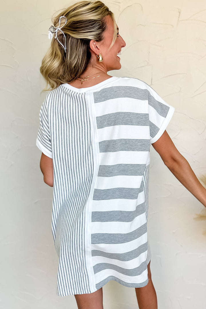 Patch It Up Stripe & Pinstripe T-Shirt Dress – Gray & White Mix