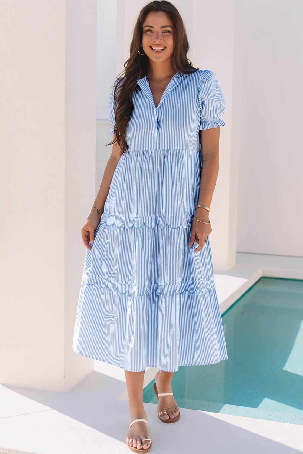 Everyday Ease Striped Scallop Midi Dress – Blue Sky