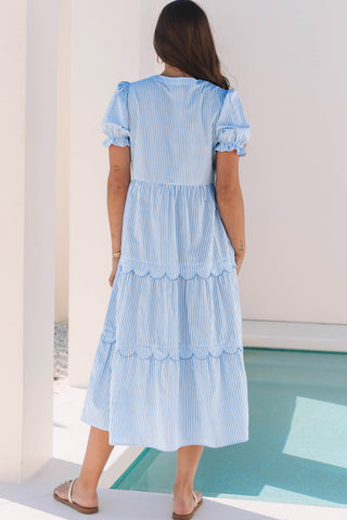 Everyday Ease Striped Scallop Midi Dress – Blue Sky