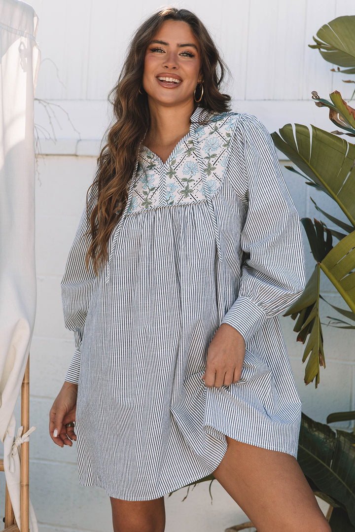 Black Stripe Floral Patchwork V Neck Shift Long Sleeve Mini Dress