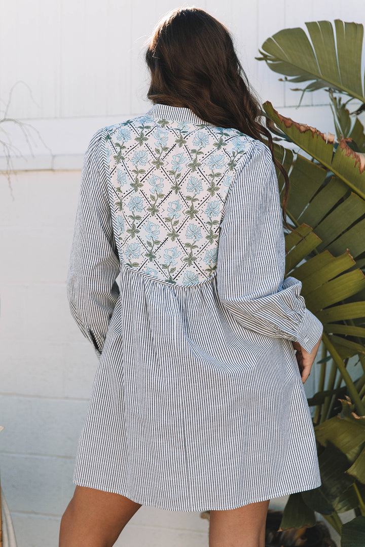 Black Stripe Floral Patchwork V Neck Shift Long Sleeve Mini Dress