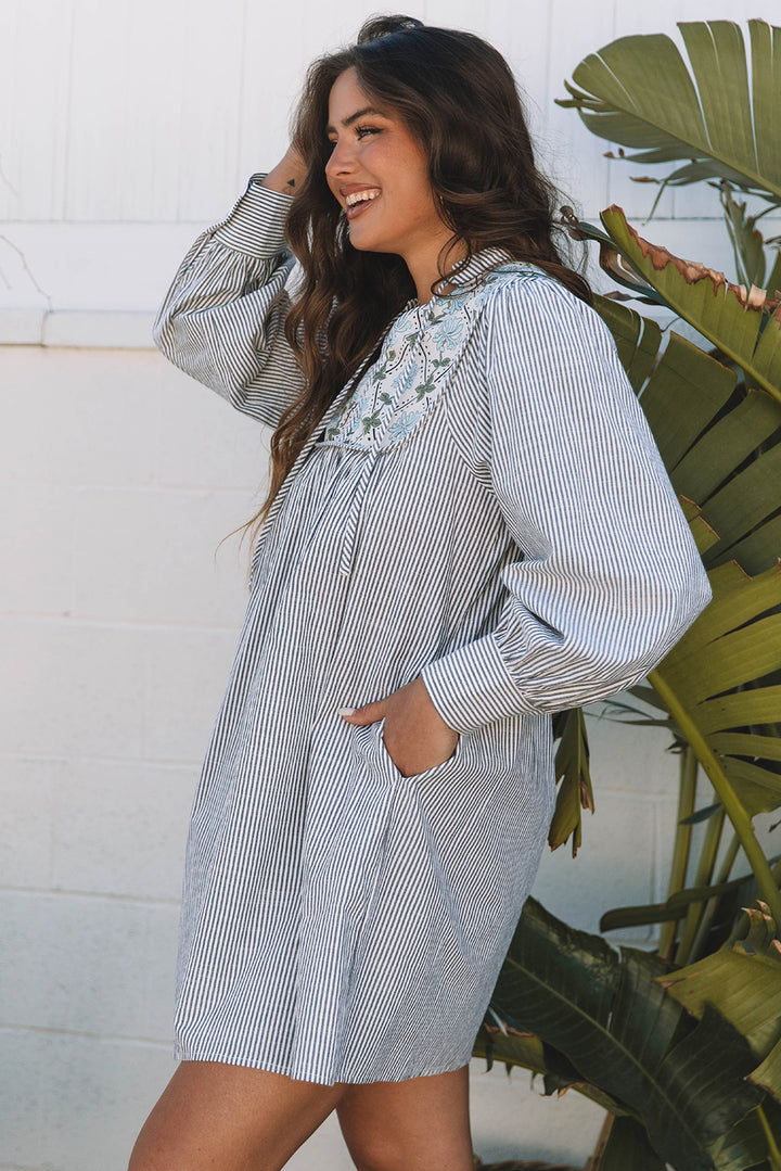 Black Stripe Floral Patchwork V Neck Shift Long Sleeve Mini Dress