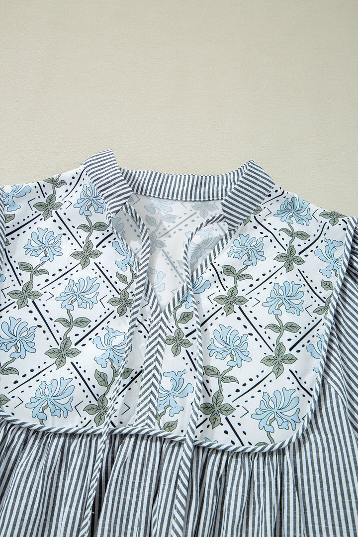 Black Stripe Floral Patchwork V Neck Shift Long Sleeve Mini Dress