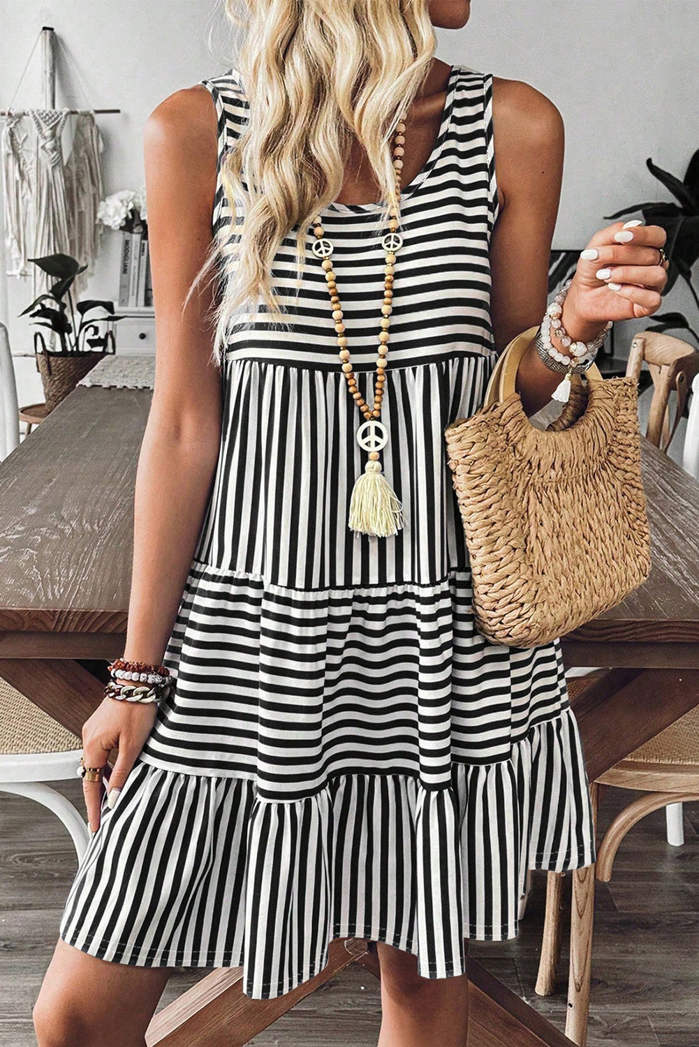 Harbor Stripe Tiered Tank Dress – Black & White