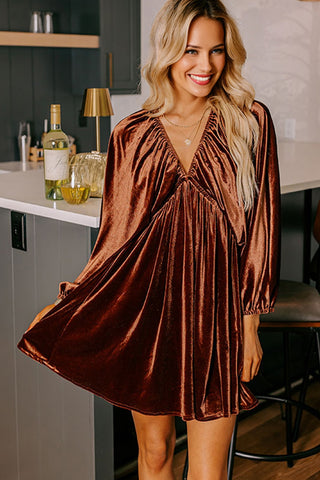 Velvet Afterglow Ruched Mini Dress – Rust