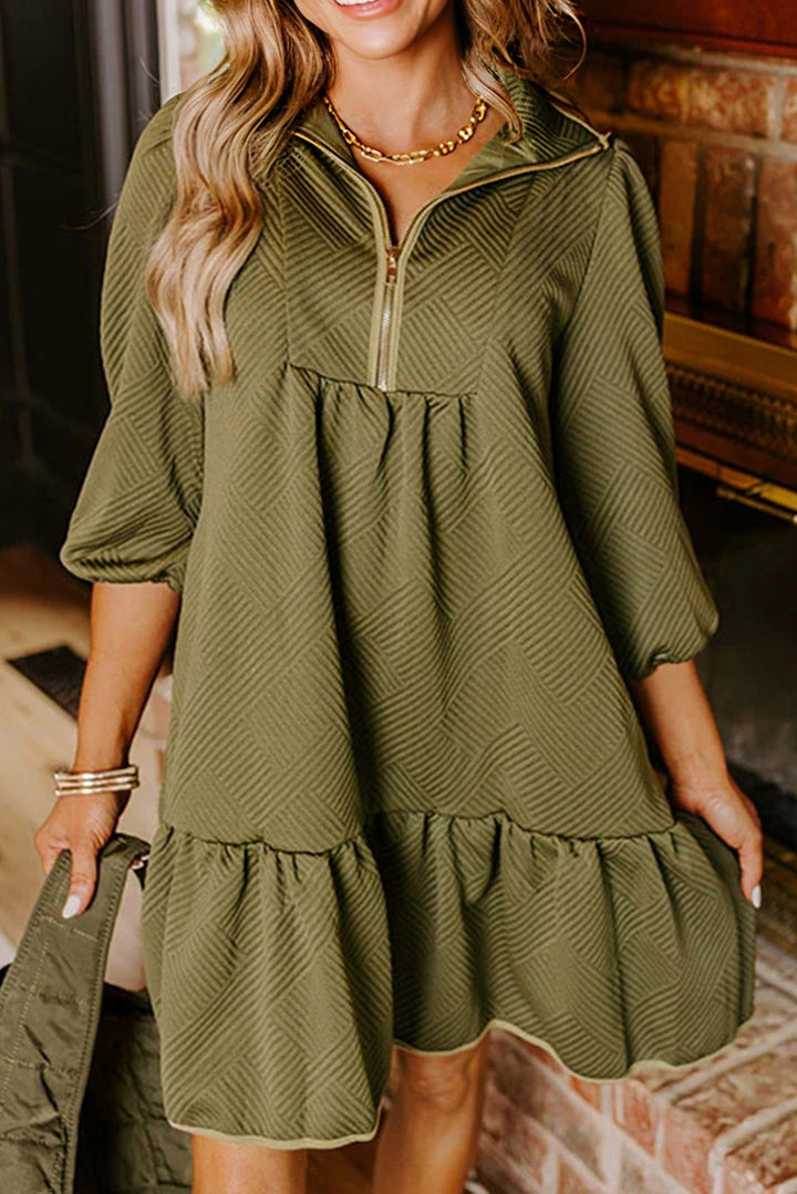 Olive Grove Quarter-Zip Textured Babydoll Dress