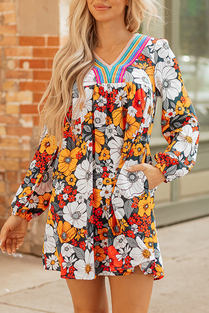Autumn Bloom Boho V-Neck Pocket Dress