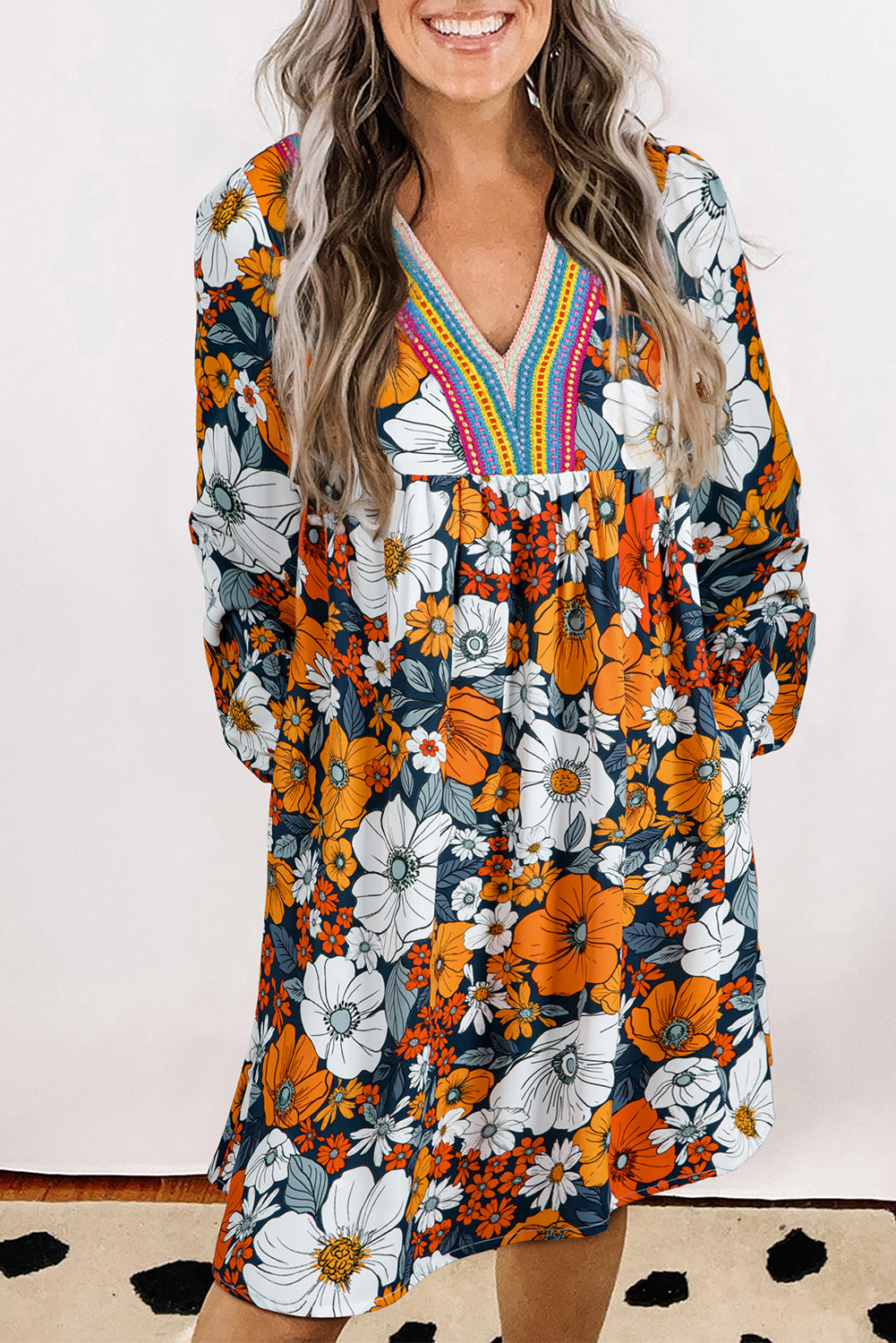 Autumn Bloom Boho V-Neck Pocket Dress