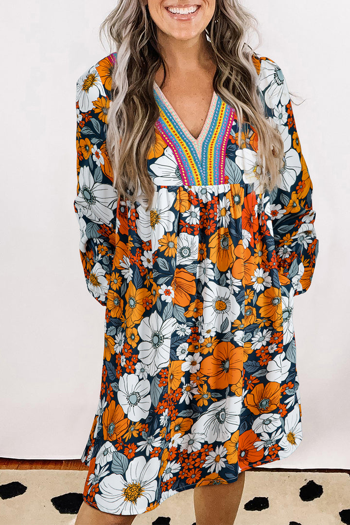 Autumn Bloom Boho V-Neck Pocket Dress
