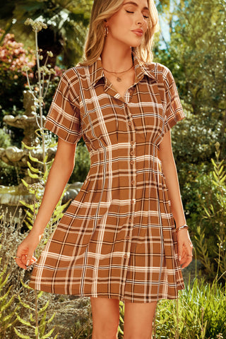 Luke & Estelle Golden Hour Plaid Shirred Waist Dress