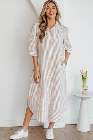 Golden Hour Khaki Stripe Button-Front Shirt Maxi Dress with Pockets