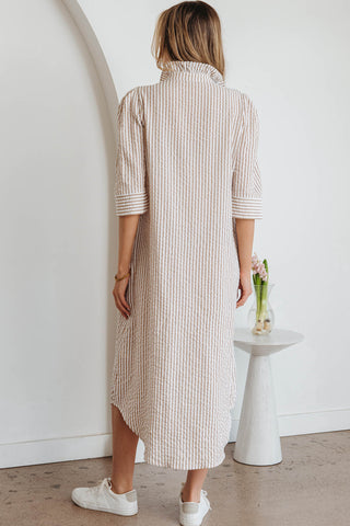 Golden Hour Khaki Stripe Button-Front Shirt Maxi Dress with Pockets