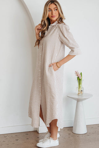 Golden Hour Khaki Stripe Button-Front Shirt Maxi Dress with Pockets