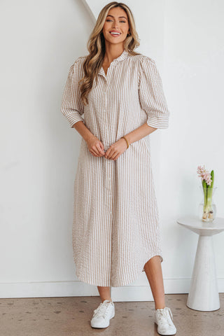 Golden Hour Khaki Stripe Button-Front Shirt Maxi Dress with Pockets